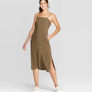 Sleeveless Square Neck Side Button Midi Dress